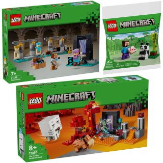 LEGO Minecraft Set: 21255 Hinterhalt am Netherportal, 21252 Die Waffenkammer & 30672 Steve mit Baby-Panda