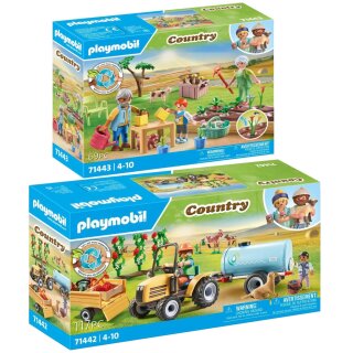 PLAYMOBIL 2er Set: 71442 Traktor mit Anhänger und Wassertank & 71443 Idyllischer Gemüsegarten bei den Großeltern