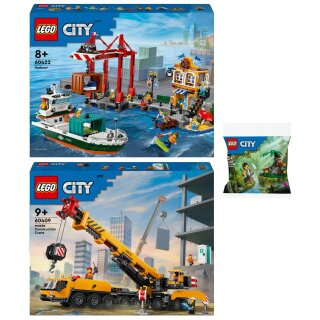 LEGO City Set: 60422 Hafen mit Frachtschiff, 60409 Mobiler Baukran & 30665 Dschungelforscher mit Baby-Gorilla