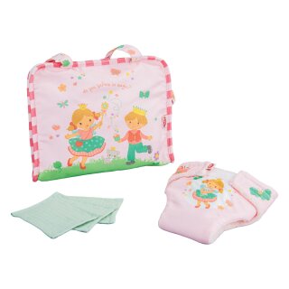 Puppen-Wickeltasche Prinzessin Emily mit Stoffwindel und 3 Stück Mulltüchern
