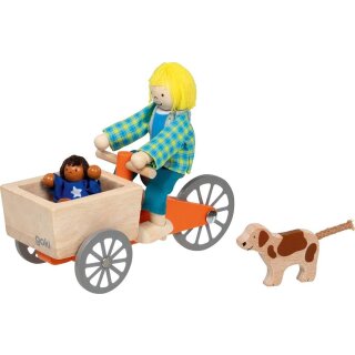 Lastenfarhrrad mit 2 Biegepuppen und Hund